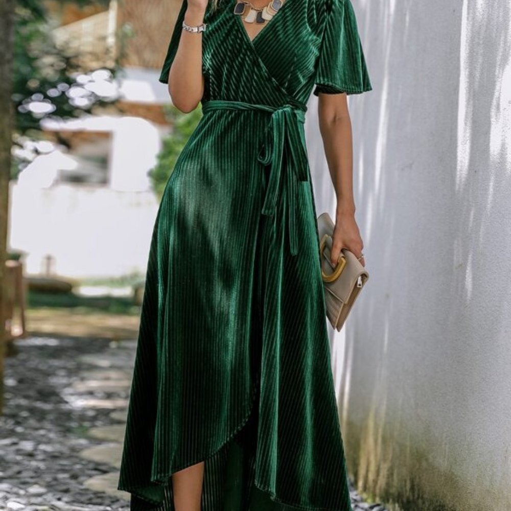 Wrap Knot Side High Low Hem Velvet Dress - Picture 3 of 7